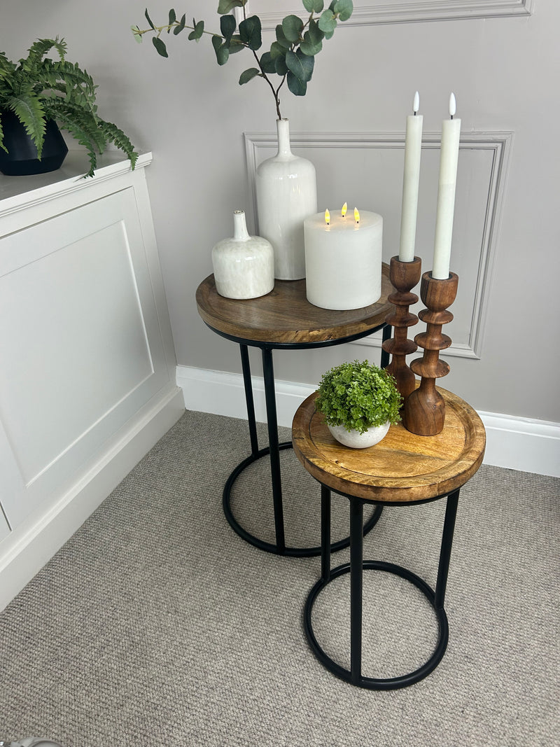Neutral taupe round side table textures beaded leg
