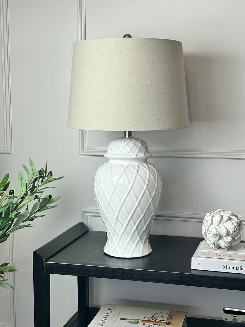Ceramic base lattice grid lamp with linen shade