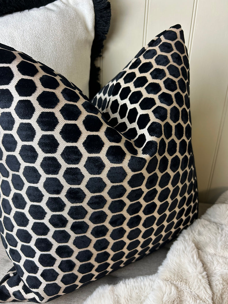 Black Natural printed textured Jorvik hex luxury cushion 43cm