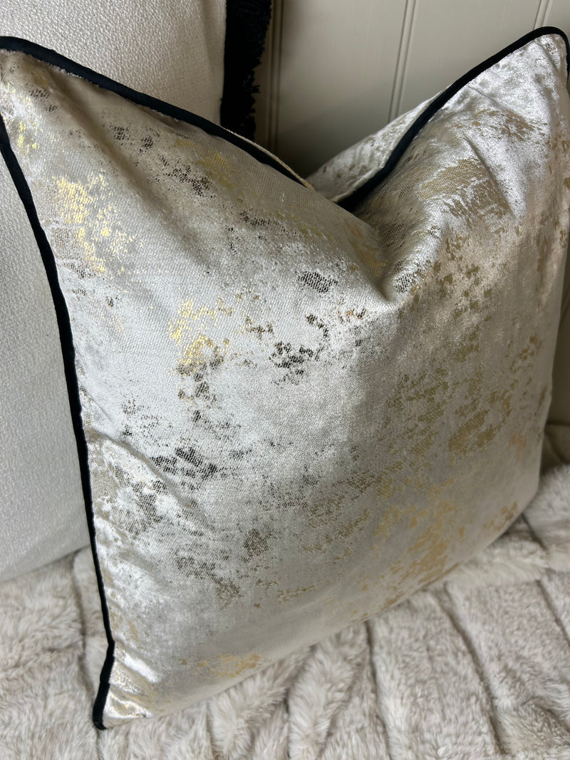Paul Moneypenny Natural Velvet & Gold Foil Piped Edge 43cm luxury Cushion black piping