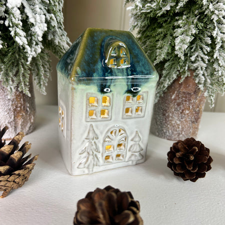 Blue and White reactive glaze LED Light up House 12cm