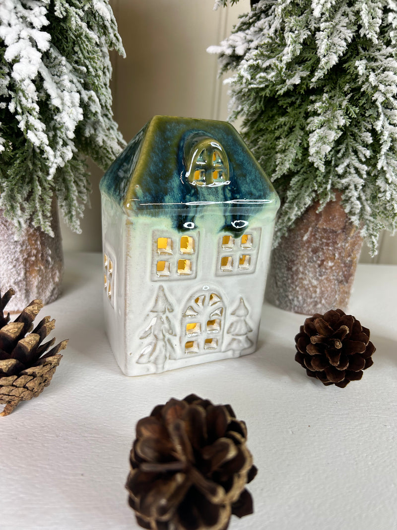 Blue and White reactive glaze LED Light up House 12cm