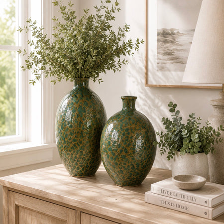 Chunky green brown blown glass vase printed 2 sizes
