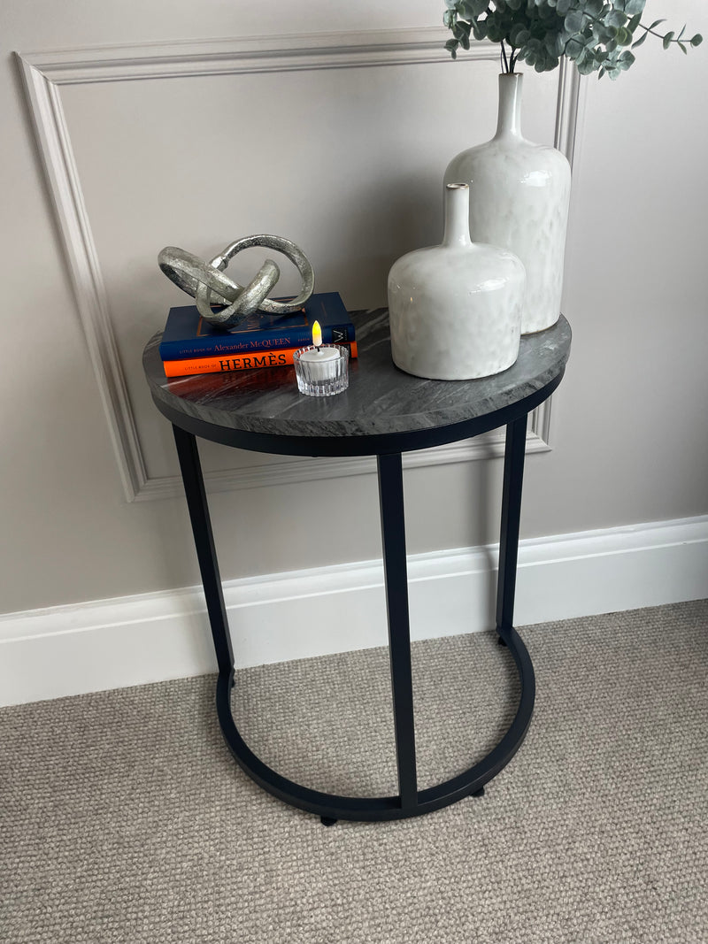 Black marble look top half moon table