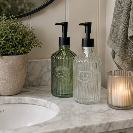 Glass Ribbed Soap Dispenser With Black Pump embossed green and clear