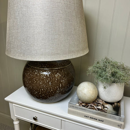 Large pecan brown round glaze table lamp linen shade