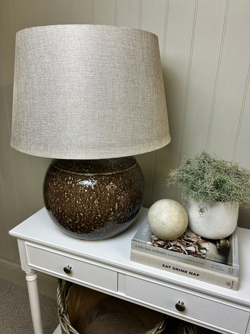 Large pecan brown round glaze table lamp linen shade