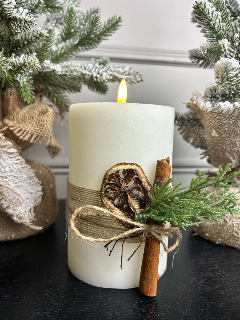 Large LED foliage hessian candle cream 10cm