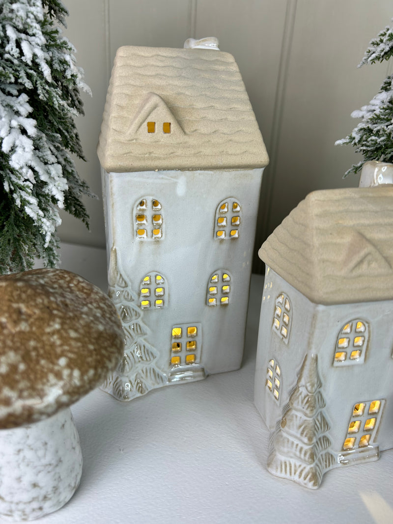 LED lit ceramic house with tree detail 2 sizes