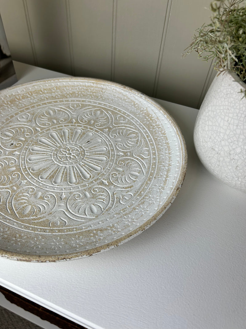 White Wash Wooden Patterned Tray Plate 29cm