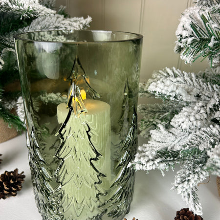 Large glass Green tree Forest Candle Holder embossed