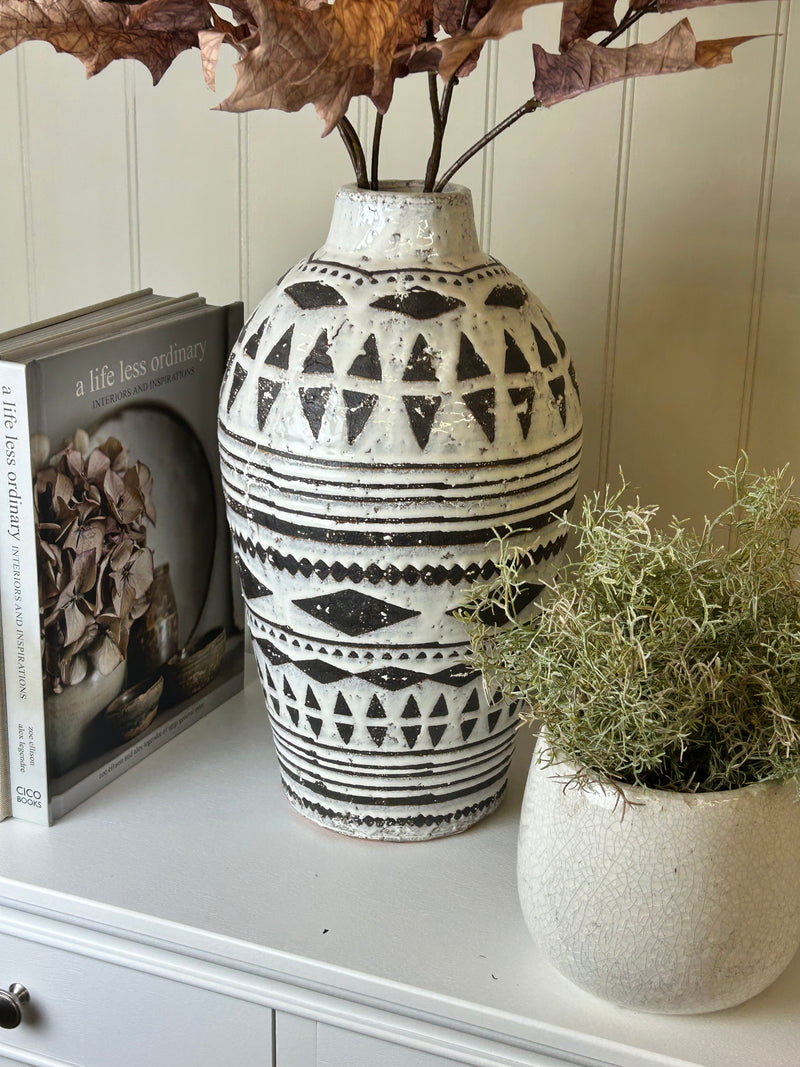 Rustic cream and brown tribal monochrome vase
