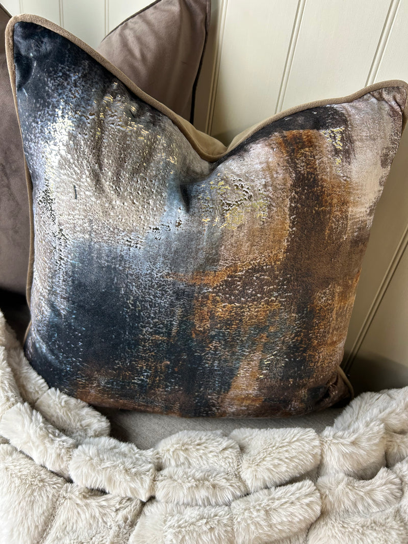 Paul Moneypenny Bronze brown navy Abstract Too Good Velvet Cushion 45cm