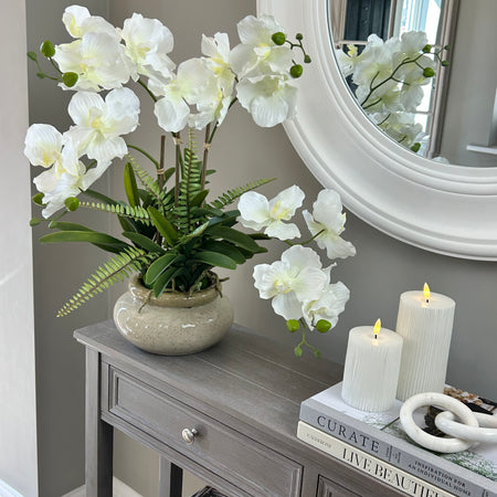 White vanda orchid in ceramic planter pot