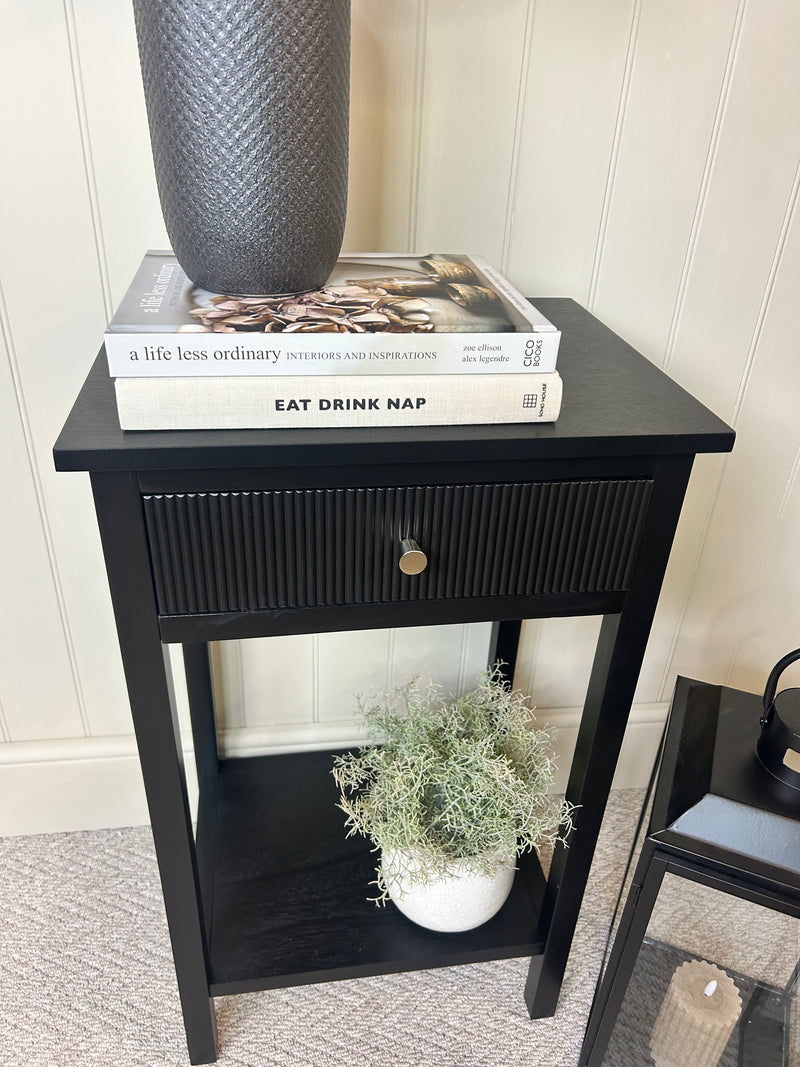 Black lindon ribbed bedside side table with shelf
