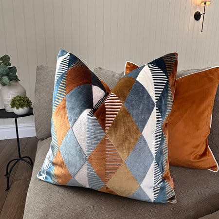 Harlequin blue rust ochre textured cushion 50cm