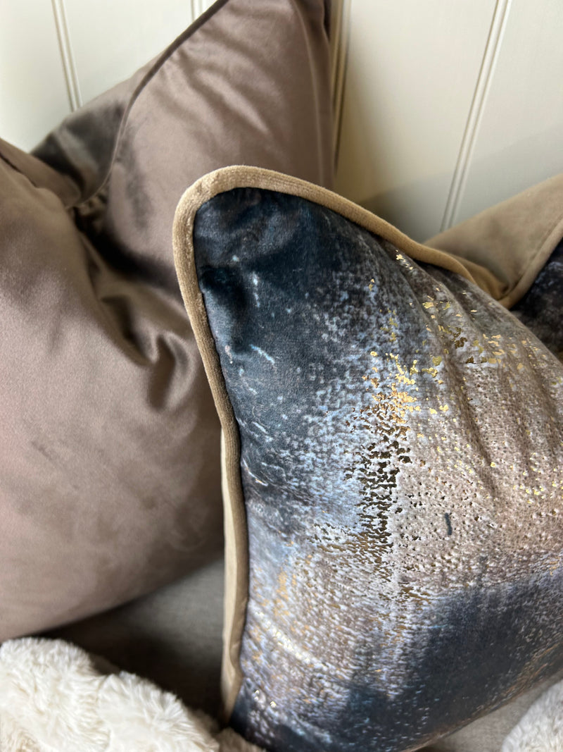 Paul Moneypenny Bronze brown navy Abstract Too Good Velvet Cushion 45cm