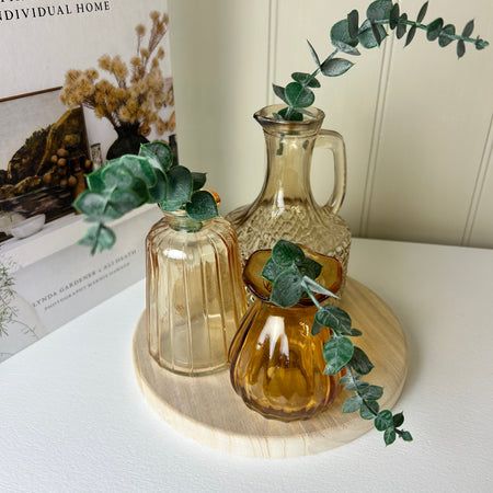4 Piece Set Glass vase Bottles on Wooden Round Tray amber brown wood