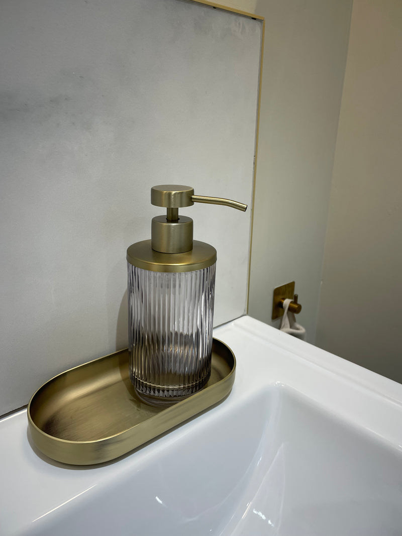 Antique brushed Brass Ribbed smoked Glass Soap Dispenser