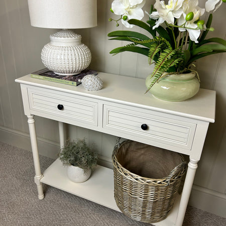 Pearl white elise 2 drawer slatted console table