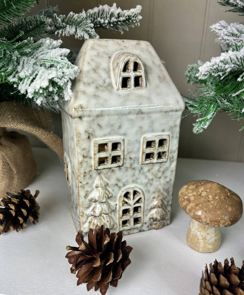Neutral Two Tone reactive glaze LED light up Ceramic House