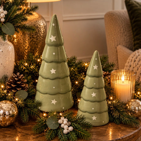 Green White Stars Ceramic Christmas Trees, 2 Sizes