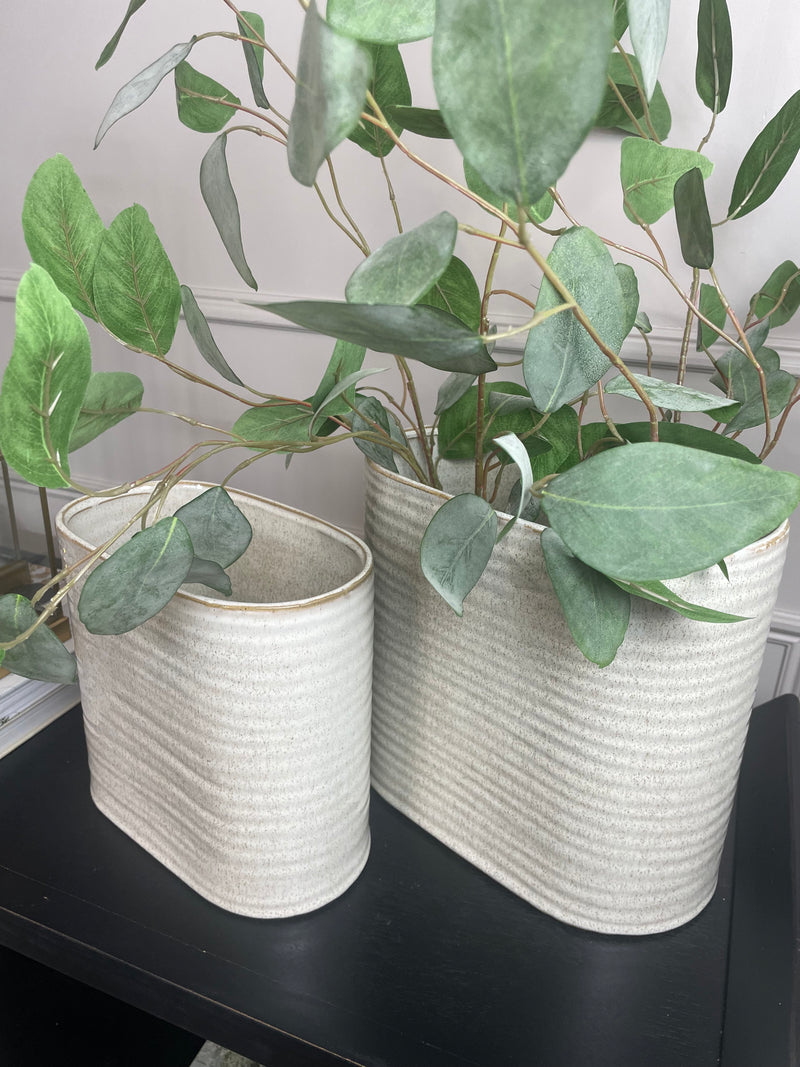 Oval ribbed slim neutral taupe vase