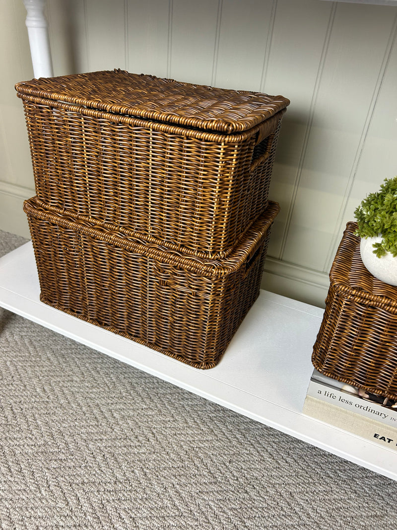 Dark Rattan Weave Lidded Basket Trunks, 3 sizes
