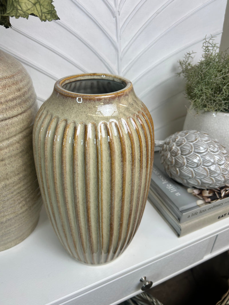 Ribbed brown beige tall vase 30cm by 18cm