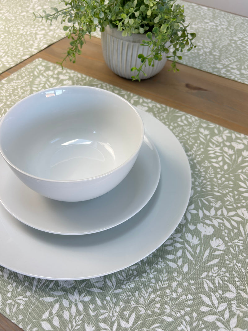 Set of 4 sage green floral cotton placemats and linen cotton napkins