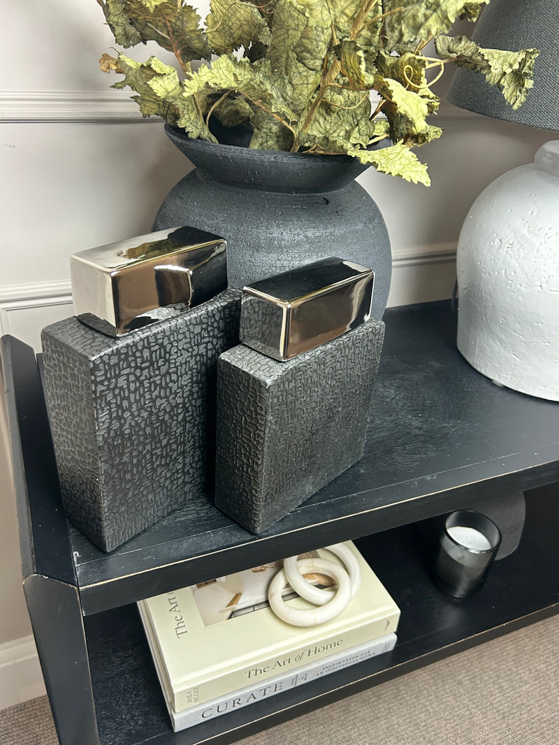 Black silver ceramic textured lidded ginger jars