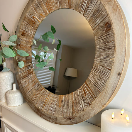 Washed wood round chunky mirror