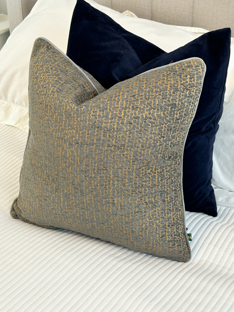 Cirro Grey ochre two tone Jacquard Weave piped Feather Filled Cushion 45x45cm