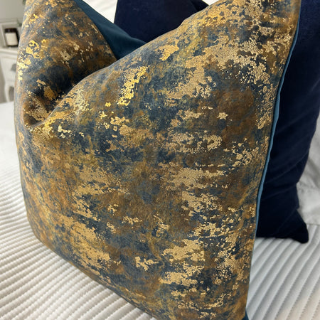Brazen Blue gold bronze metallic textured luxury feather filled cushion