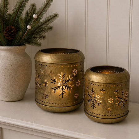 Set of two large gold candle holders snowflake