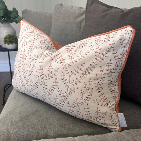 Terracotta orange rust cream leaf print Voyage large oblong cushion 40x60cm