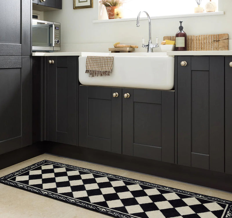 Back and cream traditional tile look mat door mat rug washable 2 sizes