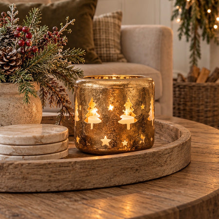 Gold candle holder round chunky with cut out trees 10cm