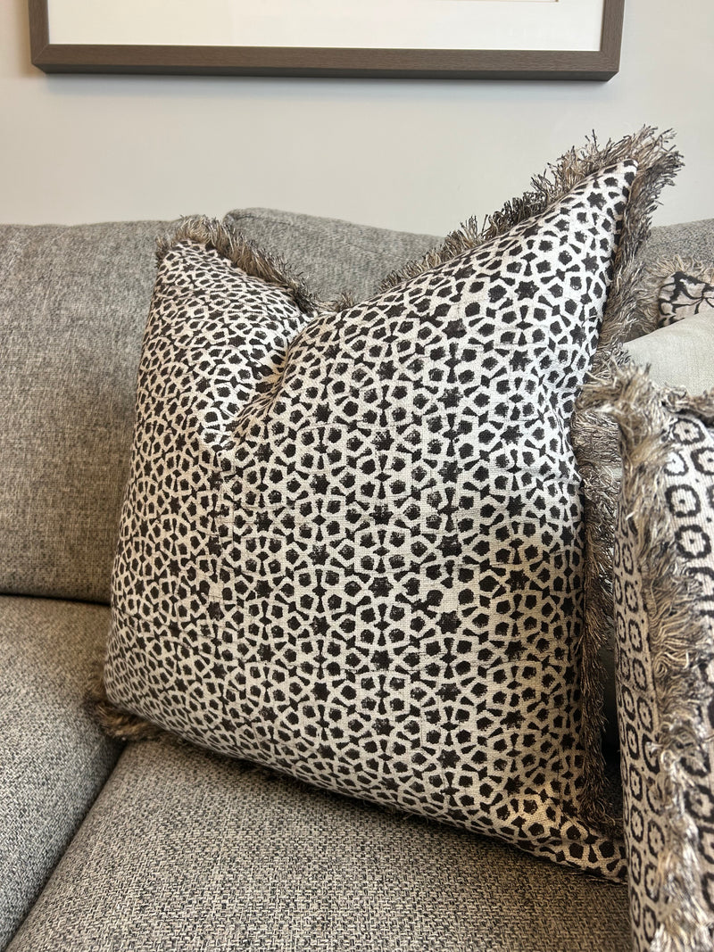 Mocha brown beige printed tassel edge cushion feather filled 45cm