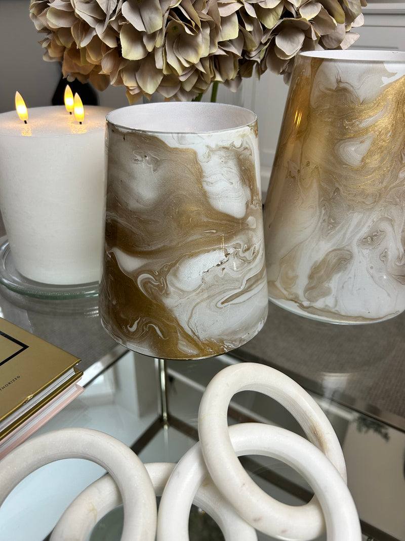 Marbled Gold & White Hurricane Candle Holder
