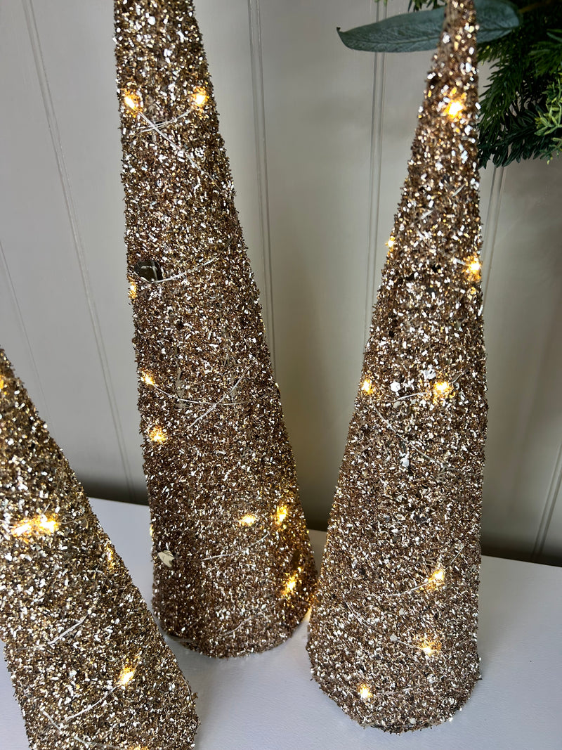 Set of 3 gold LED lit glitter trees