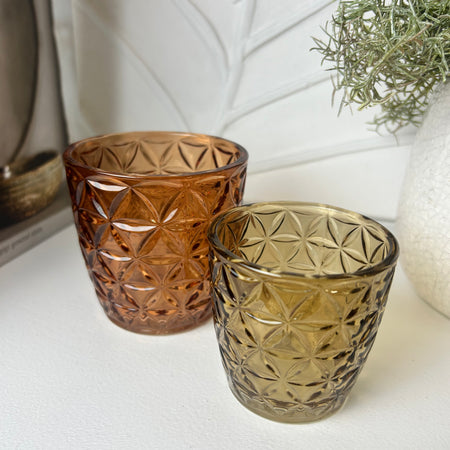 Brown textured candle holder 2 sizes mixed