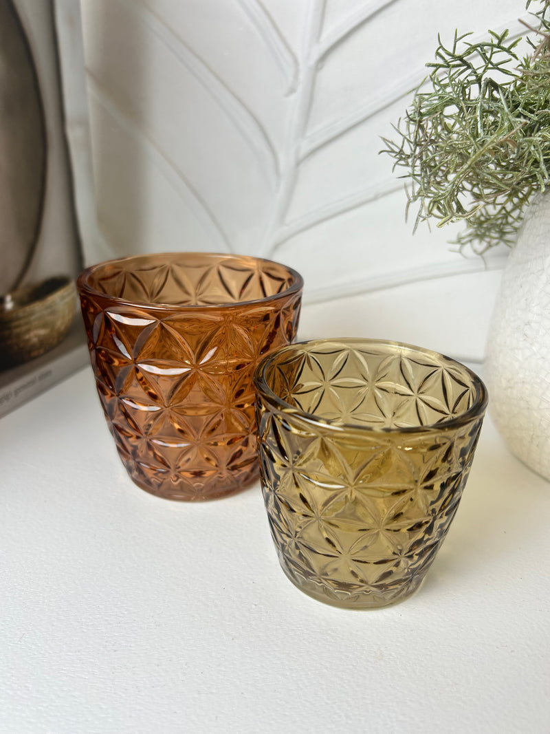 Brown textured candle holder 2 sizes mixed