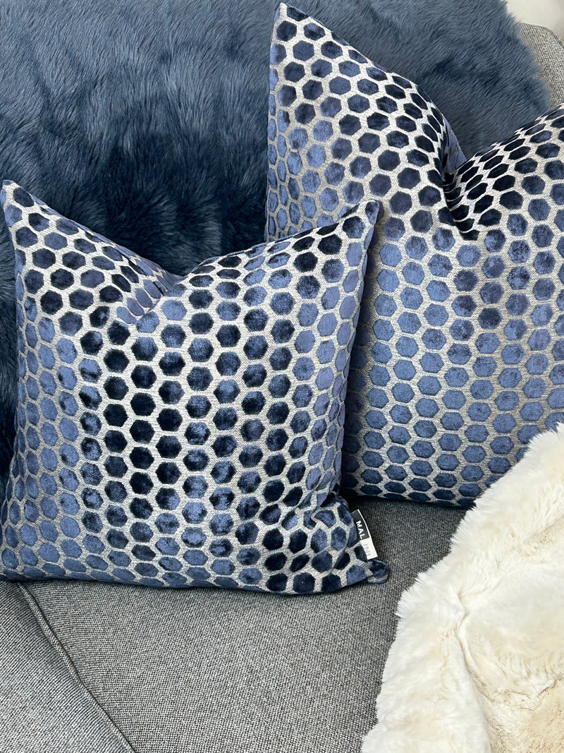 Navy Blue Jorvik Hexagon Velvet Cushion Two Sizes