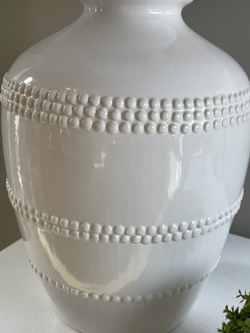 Off White beaded bobble ceramic lamp with linen shade