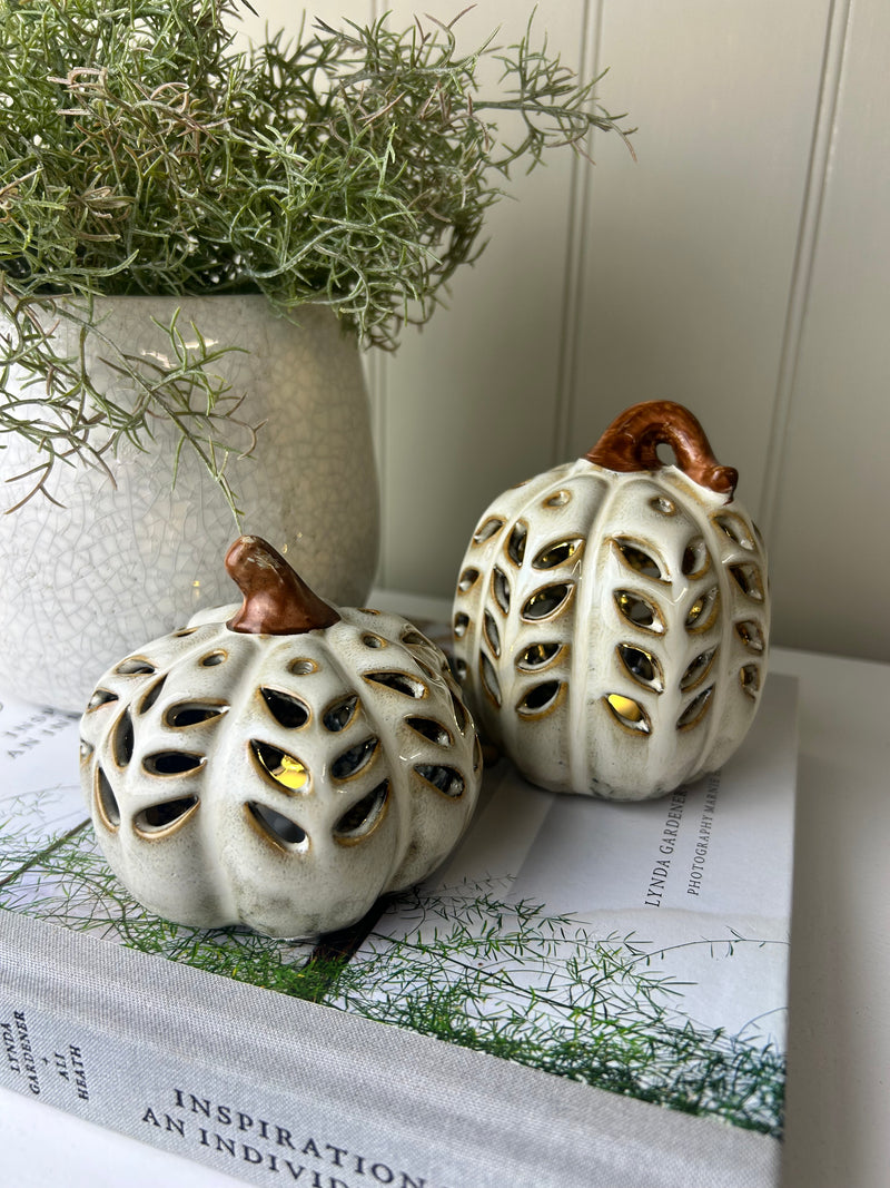 Neutral Two Tone LED Light up Ceramic Pumpkins, 2 Sizes