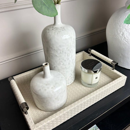 Cream leather look woven tray with gunmetal handles