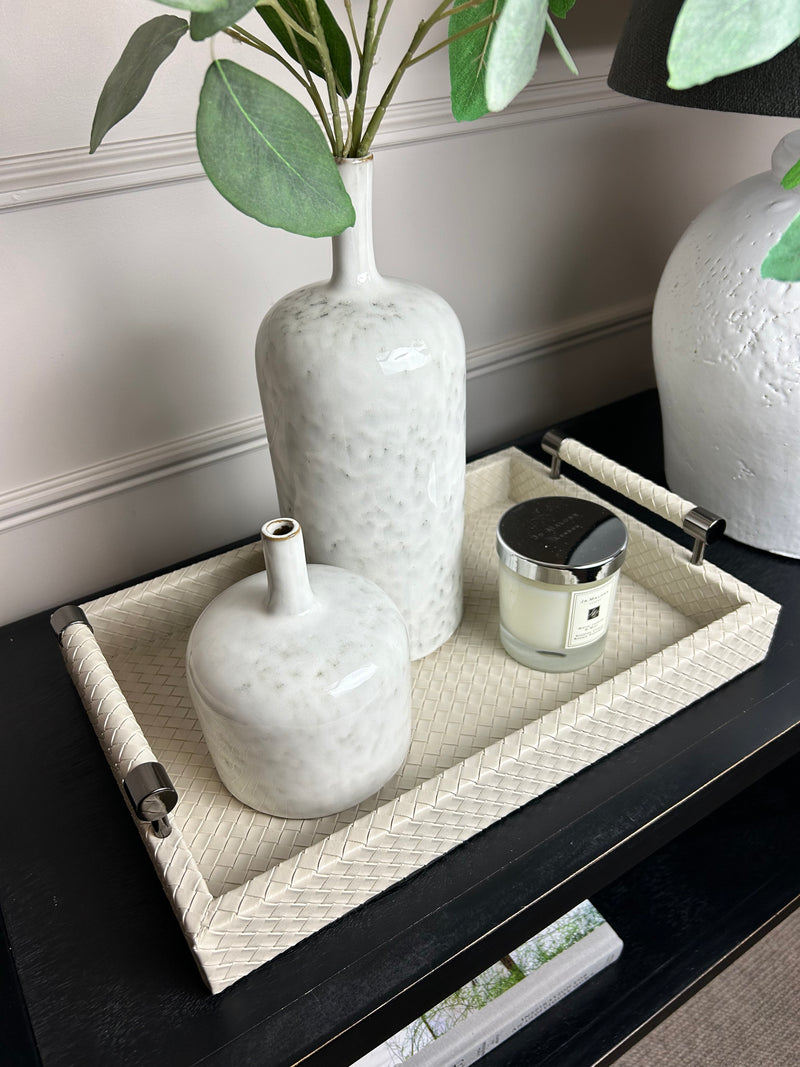 Cream leather look woven tray with gunmetal handles