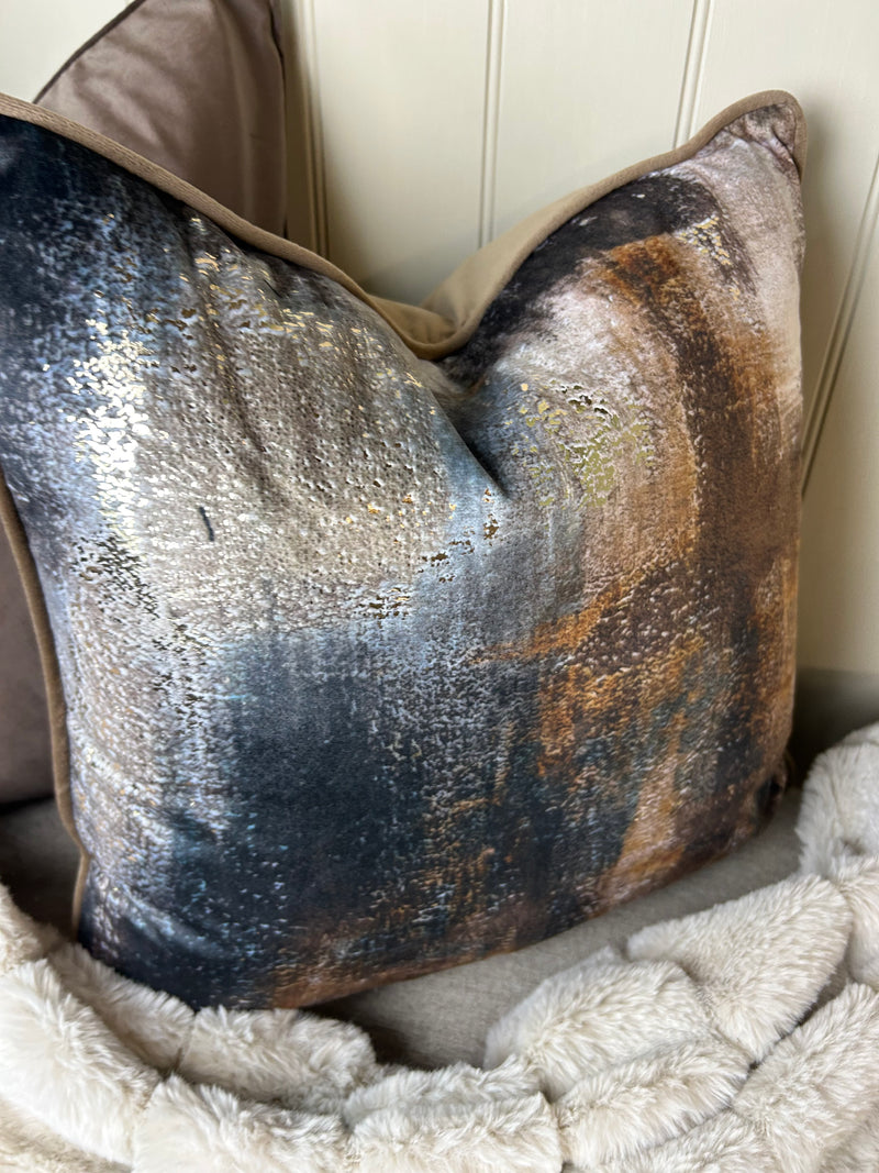 Paul Moneypenny Bronze brown navy Abstract Too Good Velvet Cushion 45cm
