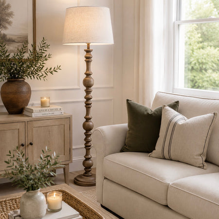Wooden shaped floor lamp with linen shade